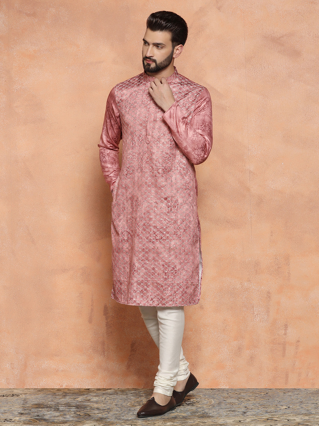 Pink Cotton Blend Embroidered Long Kurta | SHOBITAM