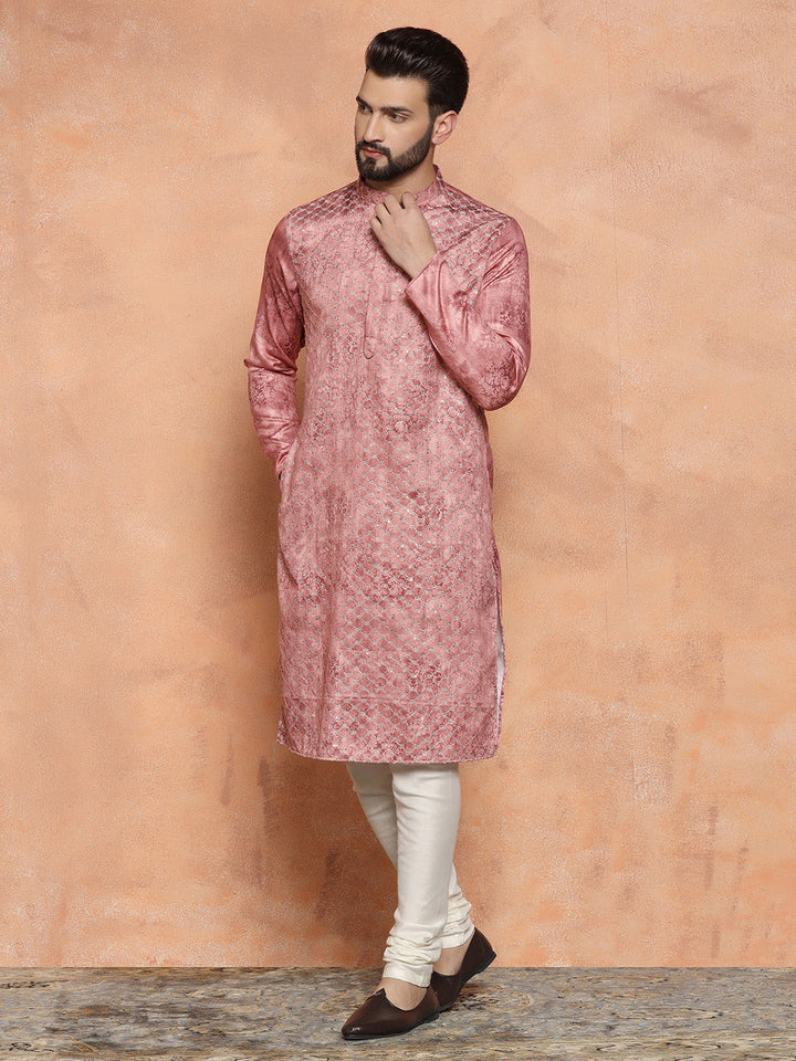Pink Cotton Blend Embroidered Long Kurta | SHOBITAM