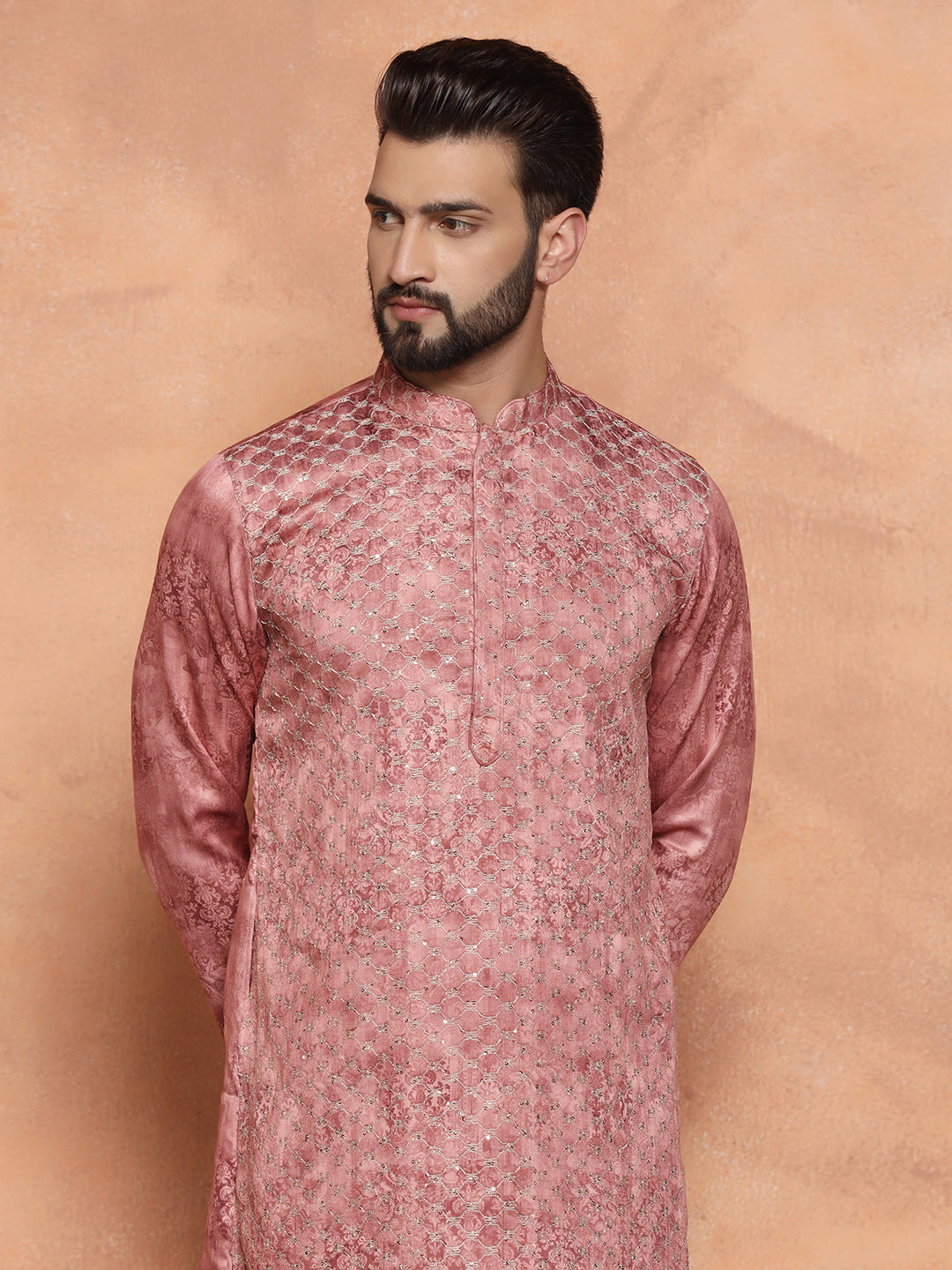 Pink Cotton Blend Embroidered Long Kurta | SHOBITAM