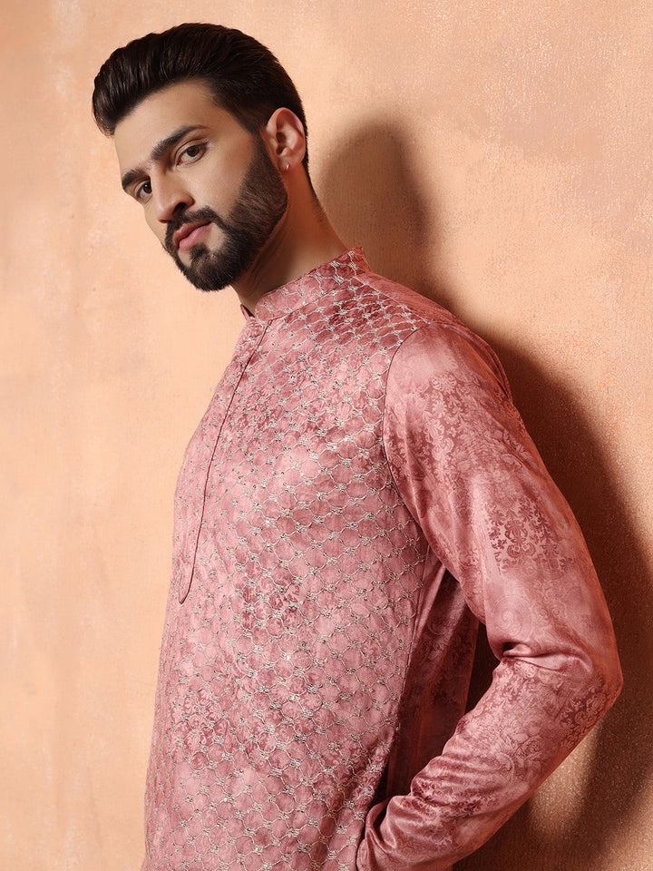 Pink Cotton Blend Embroidered Long Kurta | SHOBITAM