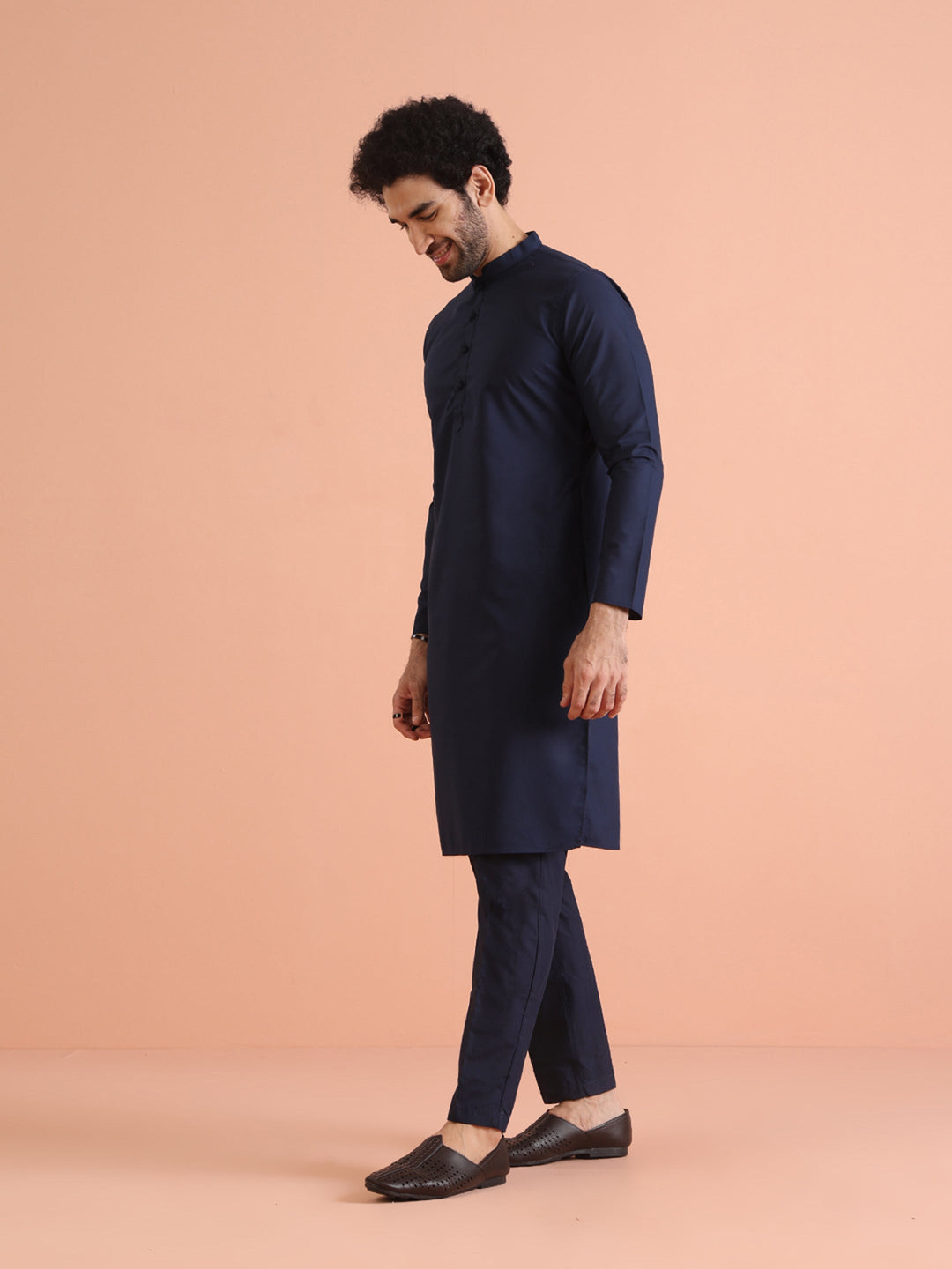 Navy Blue Cotton Plain Kurta | SHOBITAM