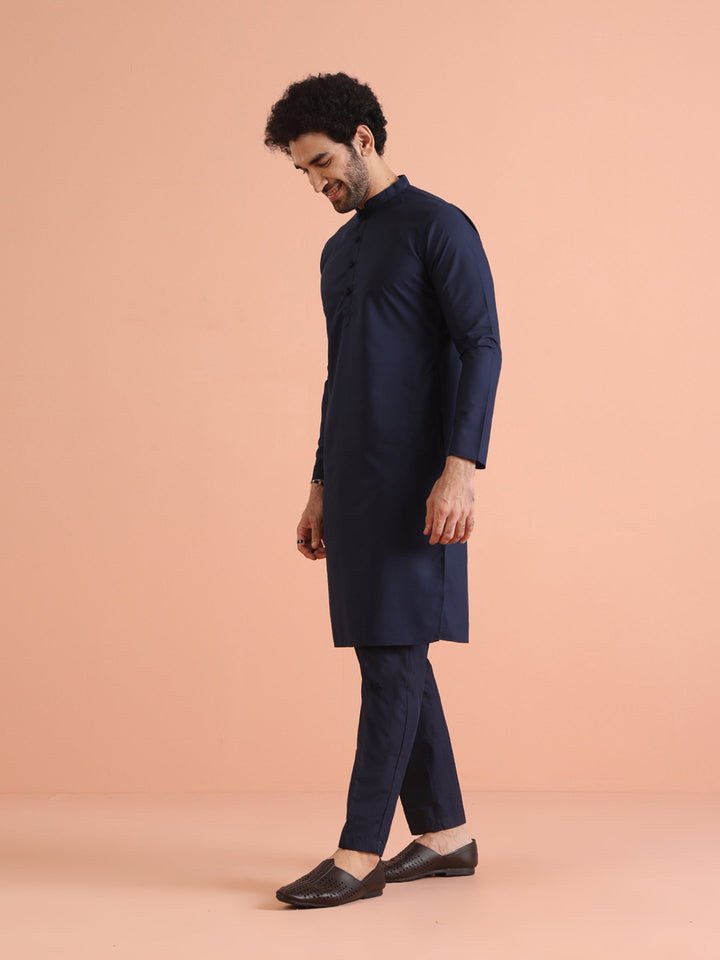 Navy Blue Cotton Plain Kurta | SHOBITAM
