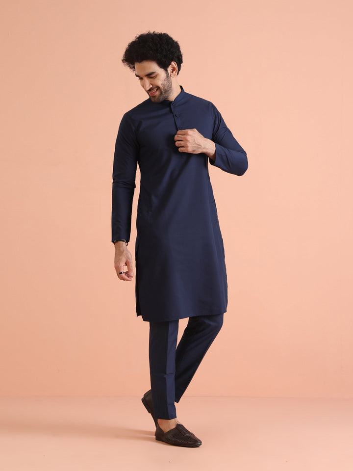 Navy Blue Cotton Plain Kurta | SHOBITAM