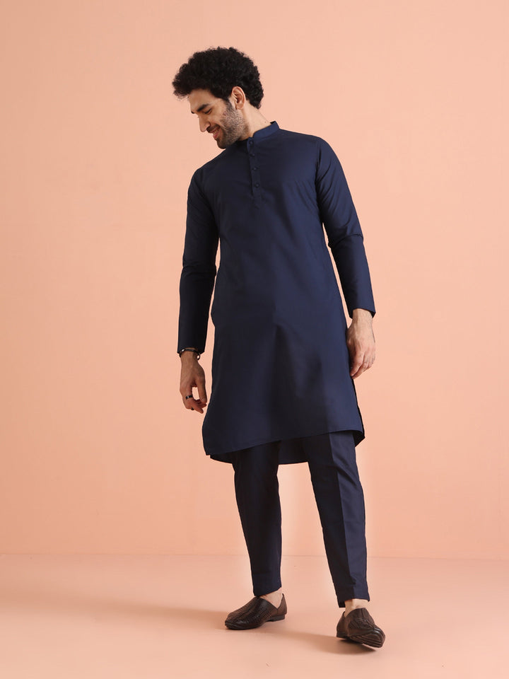 Navy Blue Cotton Plain Kurta | SHOBITAM