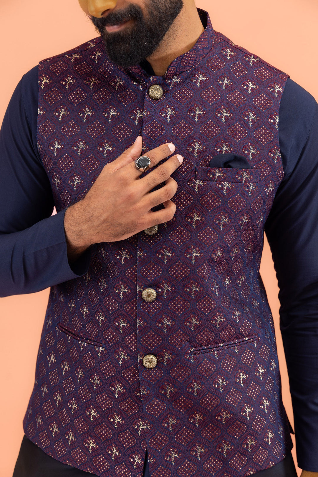 Men Maroon Textured Nehru Jacket | SHOBITAM