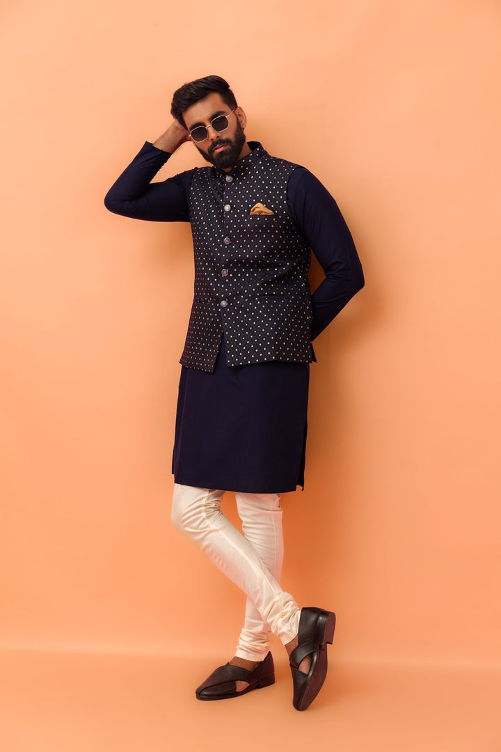 Navy Blue Textured Jacquard Nehru Jacket with Embellished Buttons and Gold Pocket Square For Men | SHOBITAM