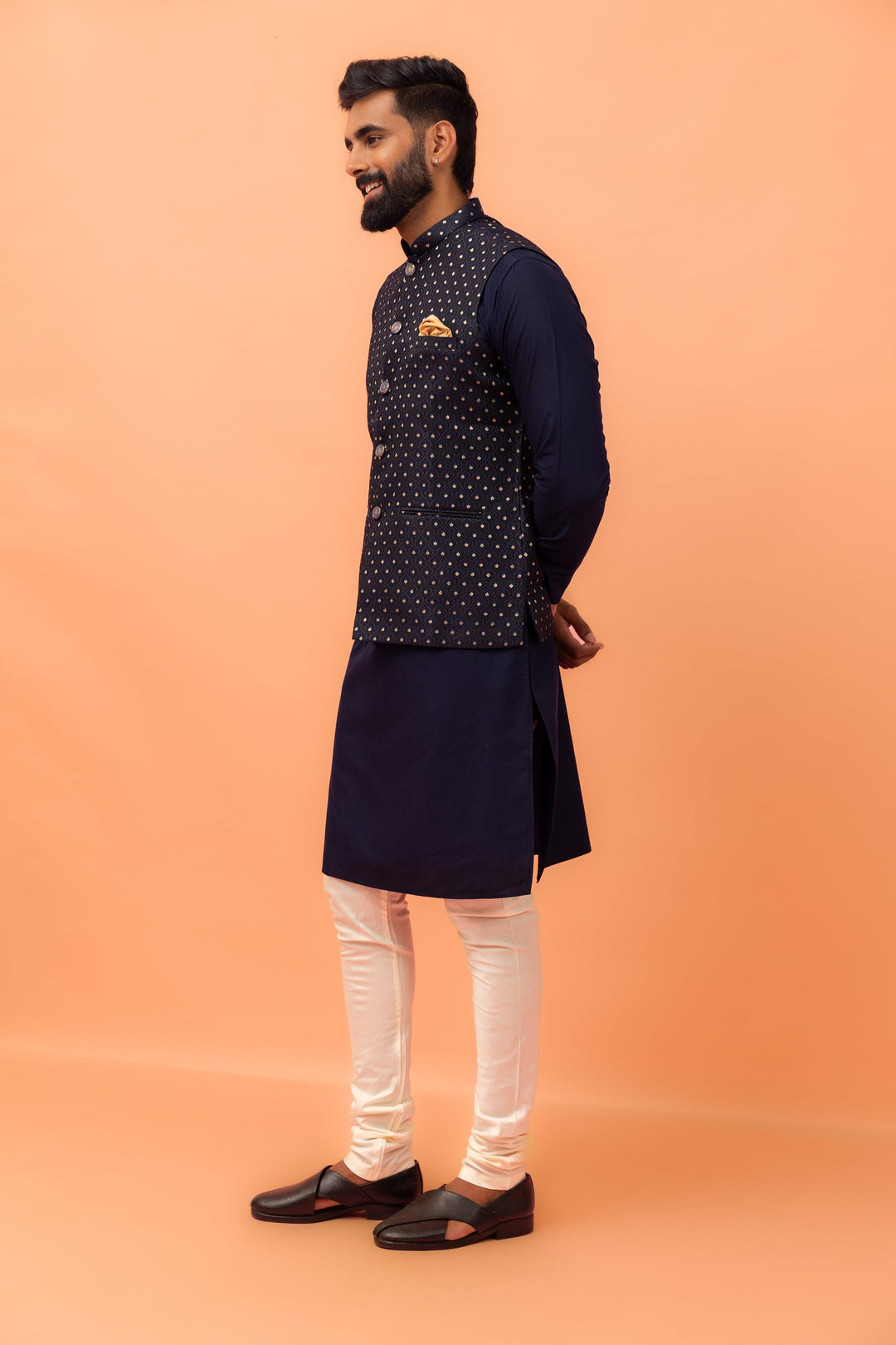 Navy Blue Textured Jacquard Nehru Jacket with Embellished Buttons and Gold Pocket Square For Men | SHOBITAM