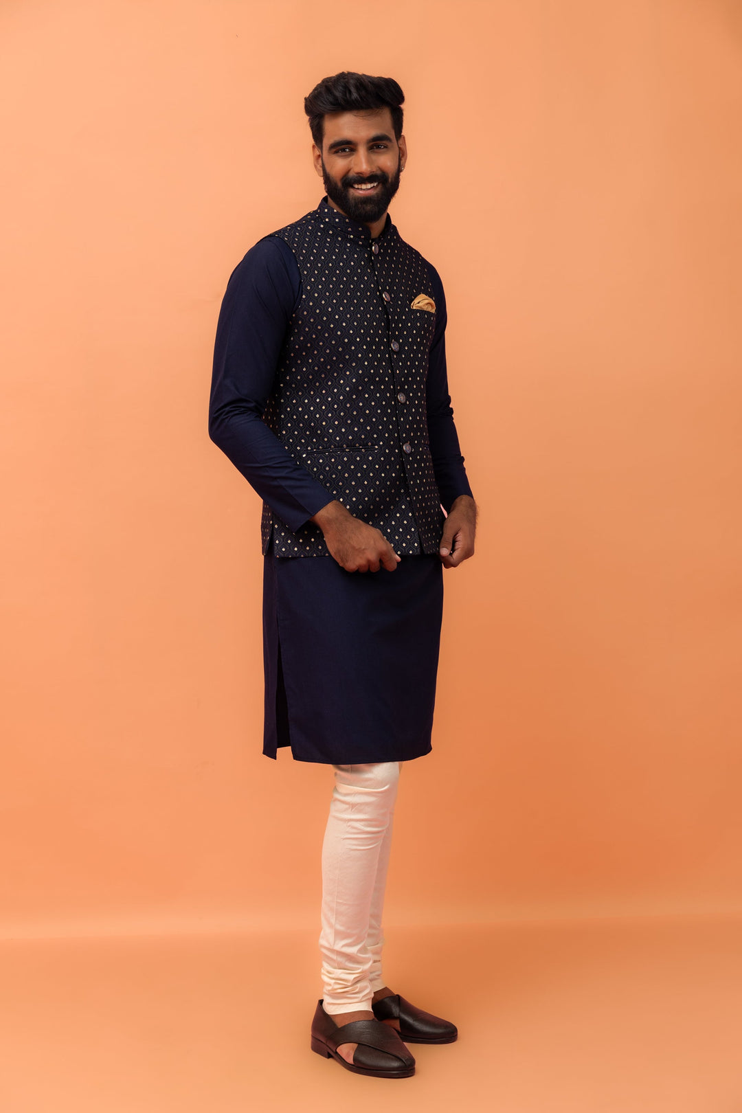 Navy Blue Textured Jacquard Nehru Jacket with Embellished Buttons and Gold Pocket Square For Men | SHOBITAM