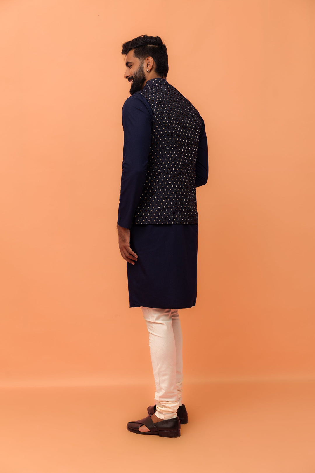Navy Blue Textured Jacquard Nehru Jacket with Embellished Buttons and Gold Pocket Square For Men | SHOBITAM
