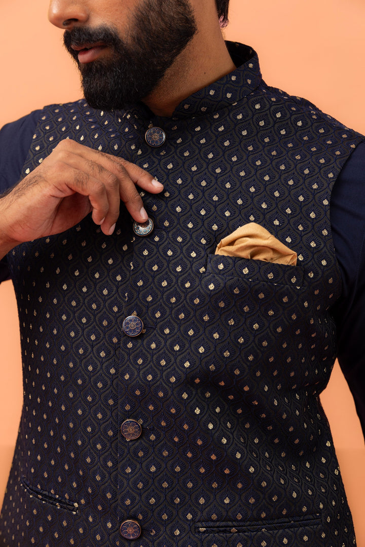 Navy Blue Textured Jacquard Nehru Jacket with Embellished Buttons and Gold Pocket Square For Men | SHOBITAM