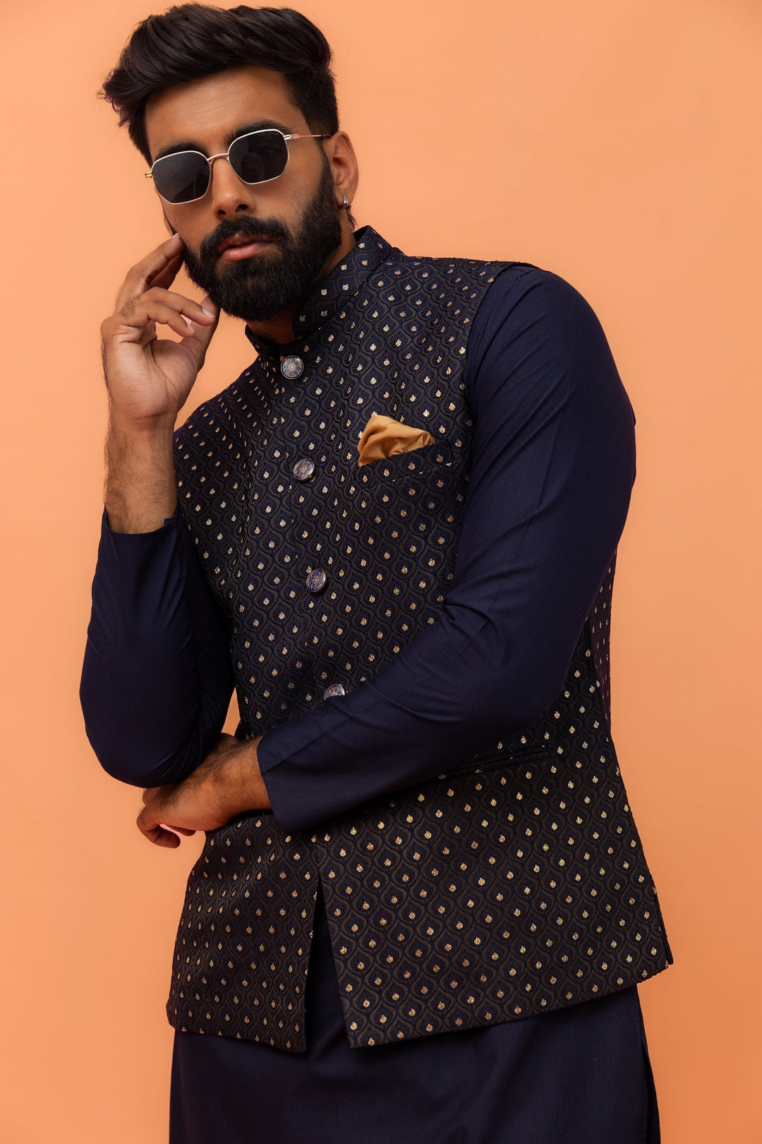 Navy Blue Textured Jacquard Nehru Jacket with Embellished Buttons and Gold Pocket Square For Men | SHOBITAM