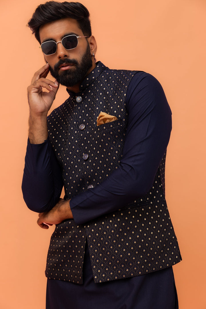Navy Blue Textured Jacquard Nehru Jacket with Embellished Buttons and Gold Pocket Square For Men | SHOBITAM