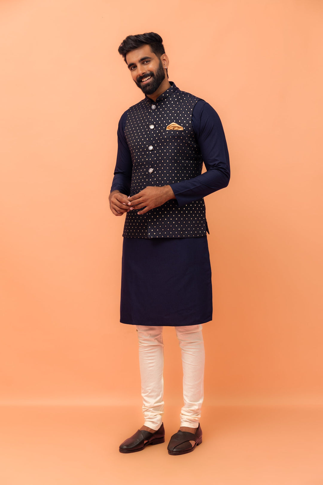 Navy Blue Textured Jacquard Nehru Jacket with Embellished Buttons and Gold Pocket Square For Men | SHOBITAM