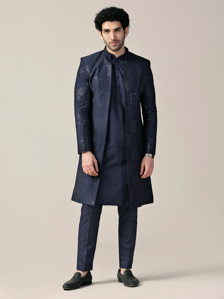Men Navy Blue Textured Kurta Indowestern Trouser Set | SHOBITAM