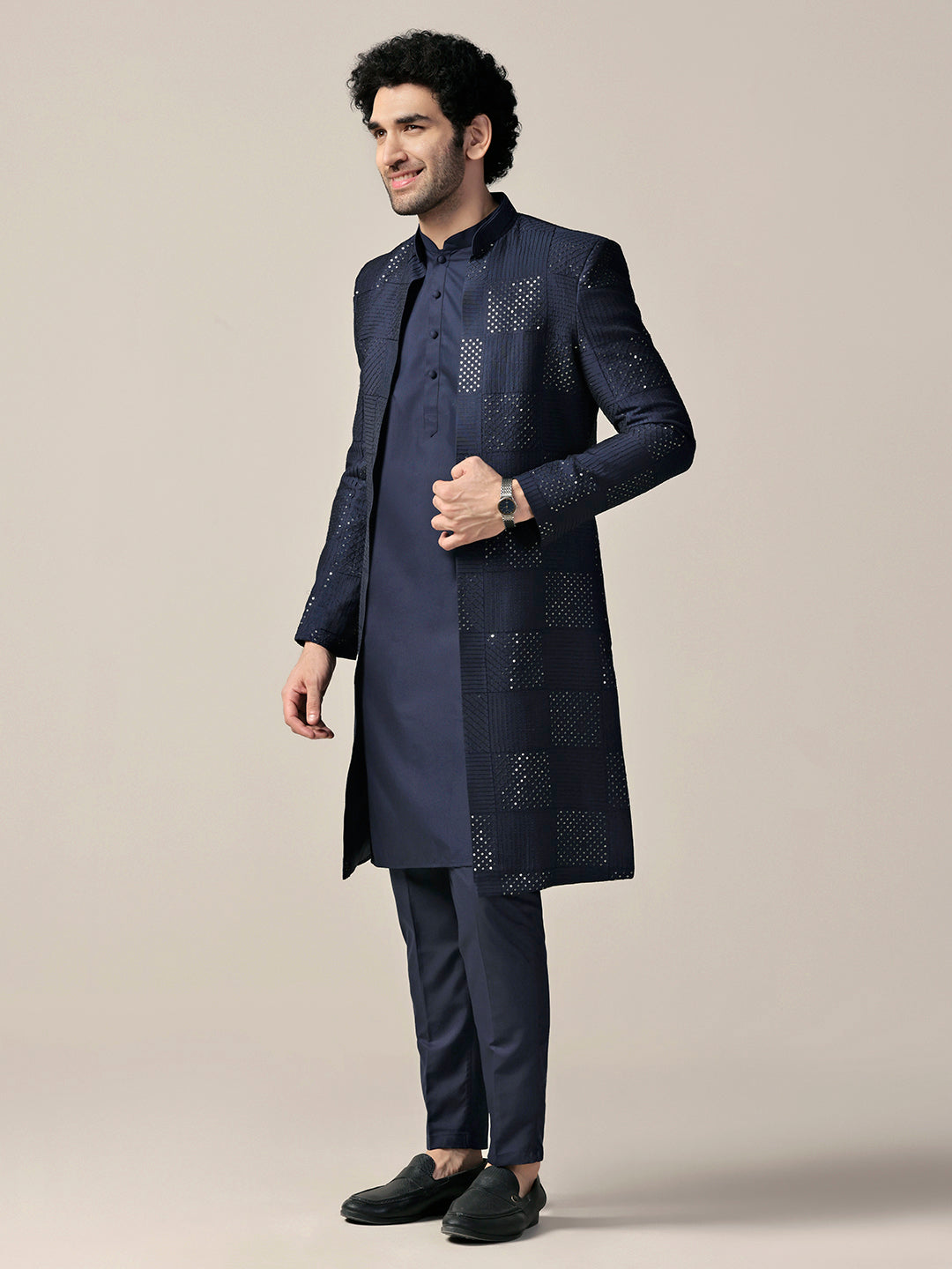 Men Navy Blue Textured Kurta Indowestern Trouser Set | SHOBITAM