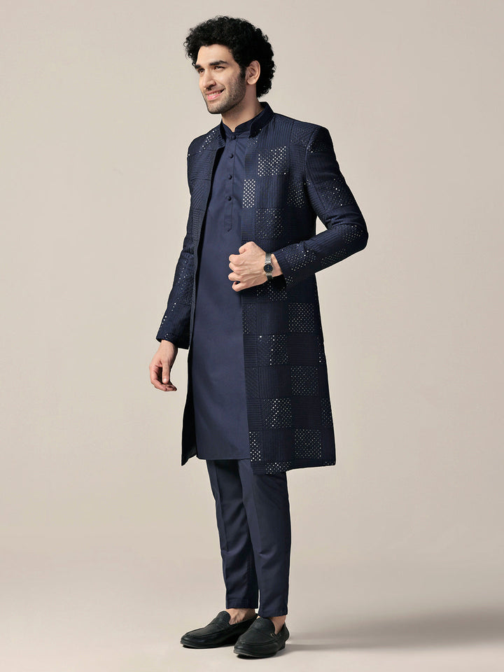 Men Navy Blue Textured Kurta Indowestern Trouser Set | SHOBITAM
