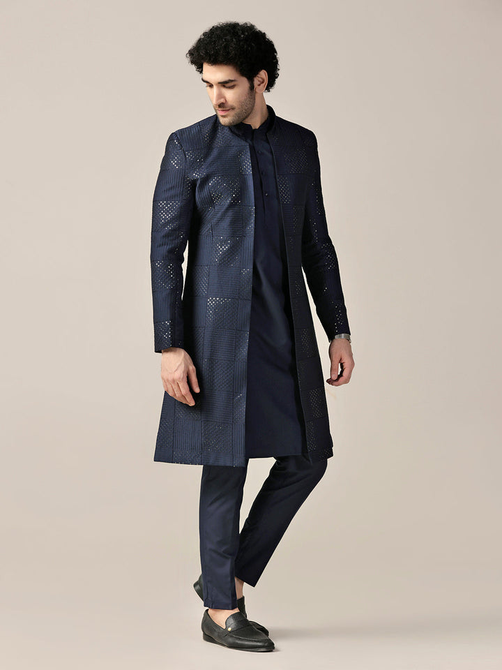 Men Navy Blue Textured Kurta Indowestern Trouser Set | SHOBITAM