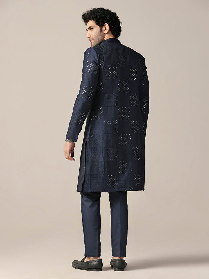 Men Navy Blue Textured Kurta Indowestern Trouser Set | SHOBITAM