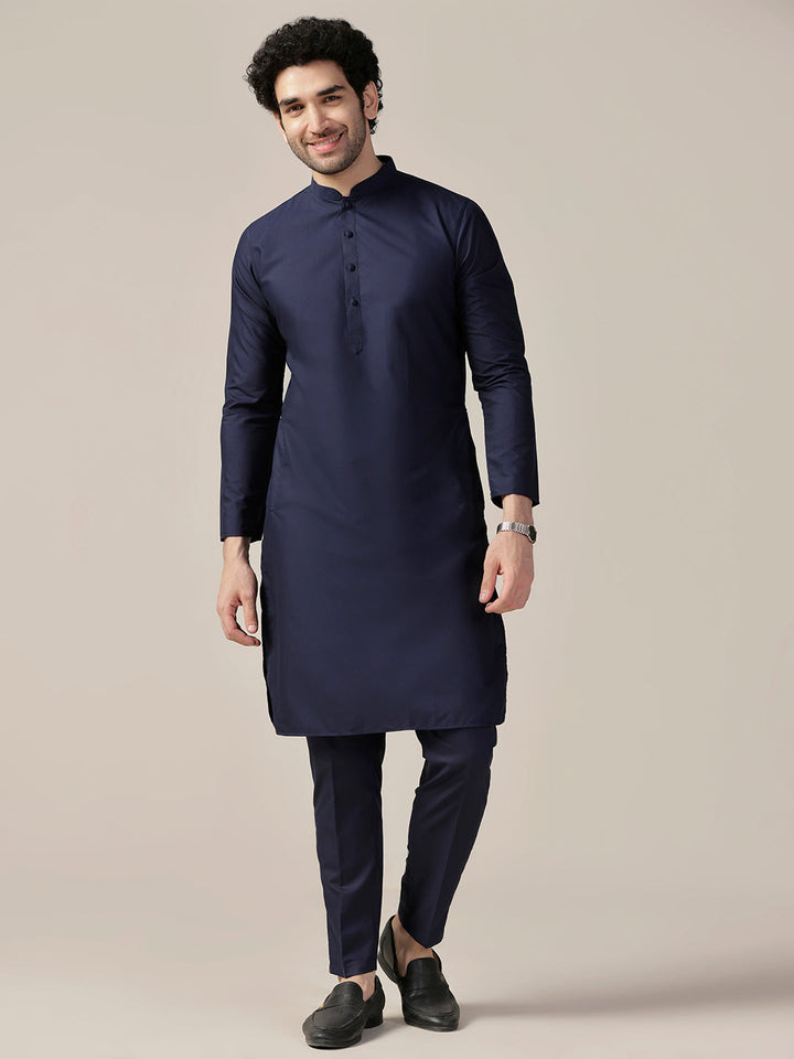 Men Navy Blue Textured Kurta Indowestern Trouser Set | SHOBITAM