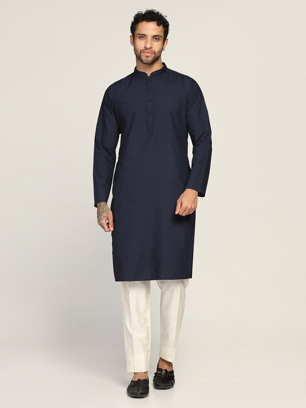 Navy Blue Cotton Silk Solid Kurta Trouser Set | SHOBITAM