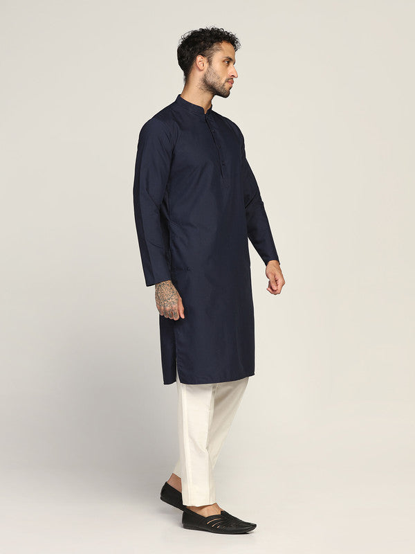 Navy Blue Cotton Silk Solid Kurta Trouser Set | SHOBITAM