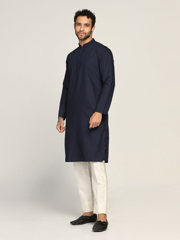 Navy Blue Cotton Silk Solid Kurta Trouser Set | SHOBITAM