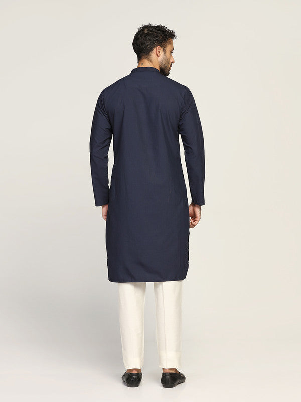 Navy Blue Cotton Silk Solid Kurta Trouser Set | SHOBITAM