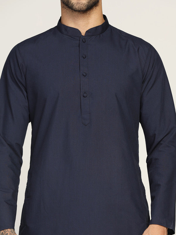 Navy Blue Cotton Silk Solid Kurta Trouser Set | SHOBITAM