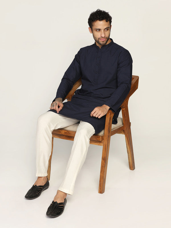 Navy Blue Cotton Silk Solid Kurta Trouser Set | SHOBITAM