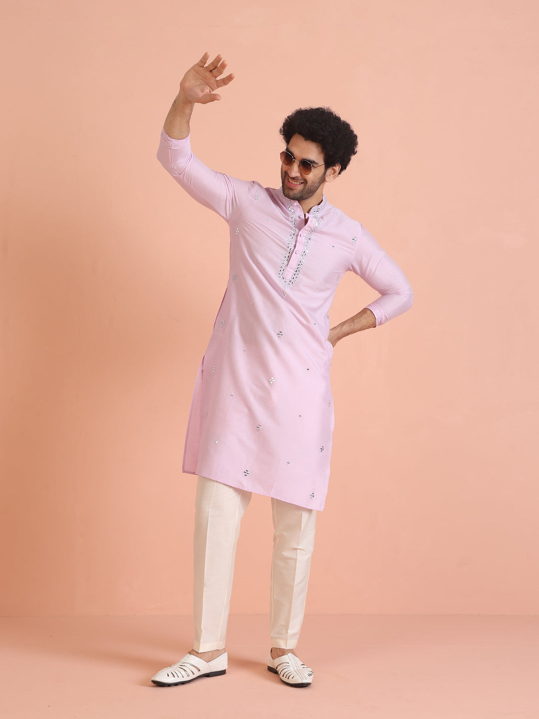 Light Pink  Cotton Blend Embroidered Kurta with Intricate Neckline | SHOBITAM