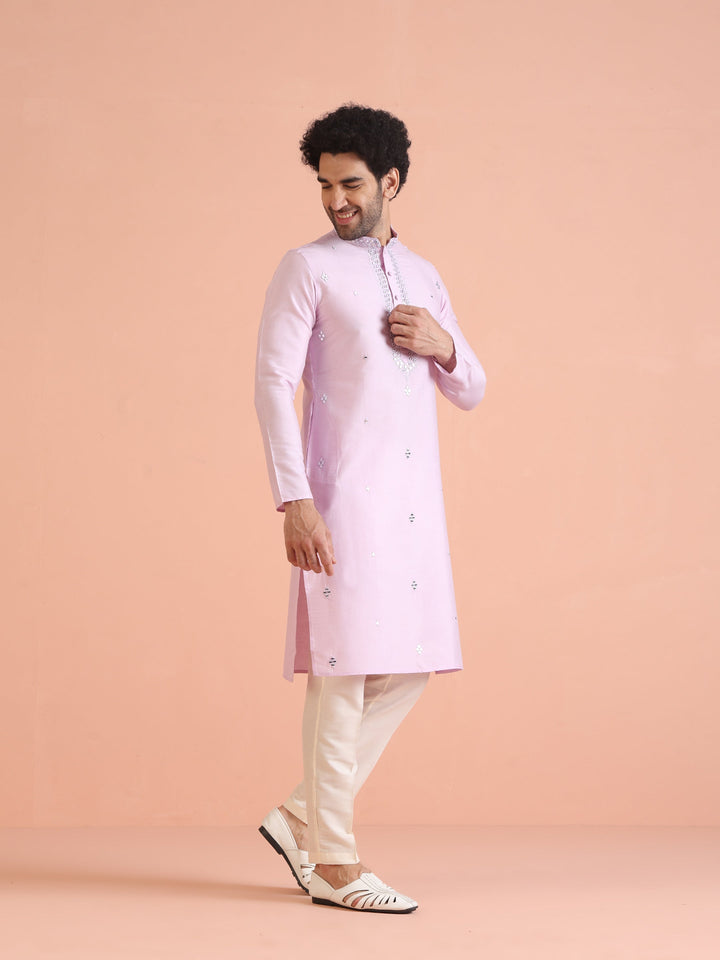 Light Pink  Cotton Blend Embroidered Kurta with Intricate Neckline | SHOBITAM