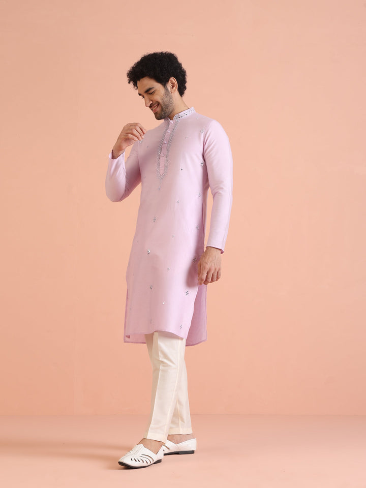 Light Pink  Cotton Blend Embroidered Kurta with Intricate Neckline | SHOBITAM