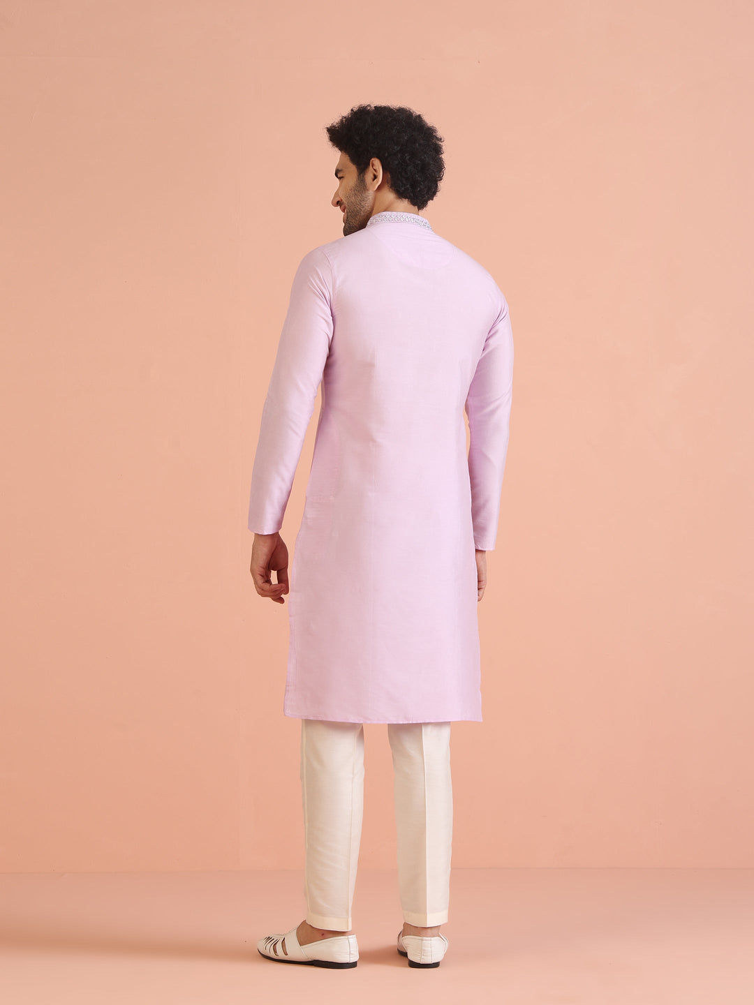 Light Pink  Cotton Blend Embroidered Kurta with Intricate Neckline | SHOBITAM