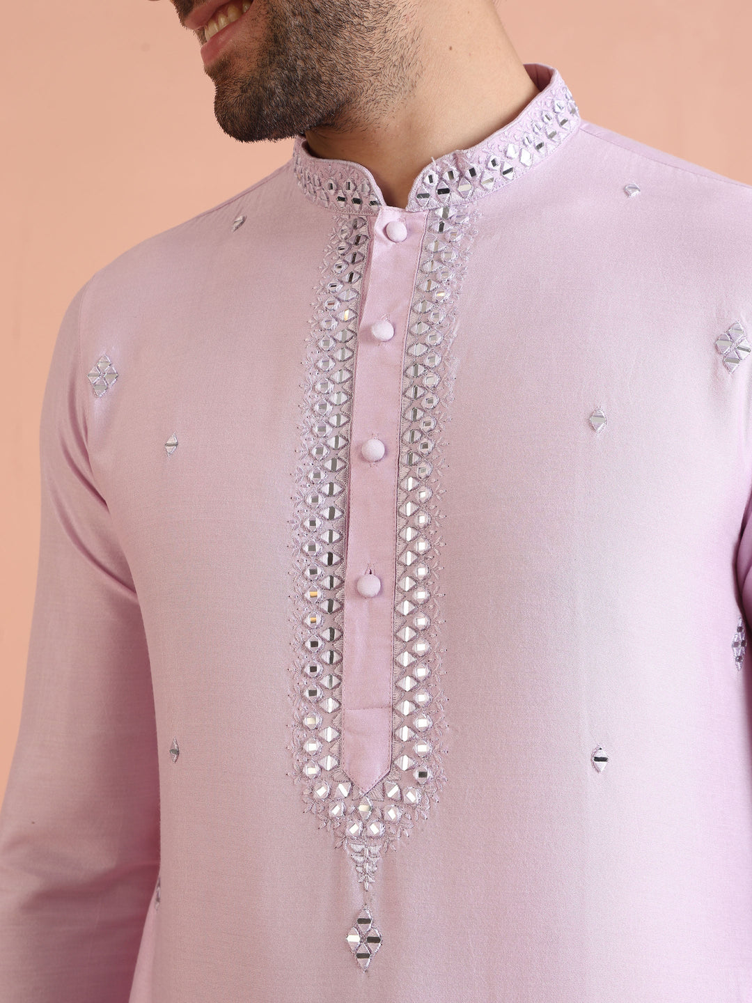 Light Pink  Cotton Blend Embroidered Kurta with Intricate Neckline | SHOBITAM