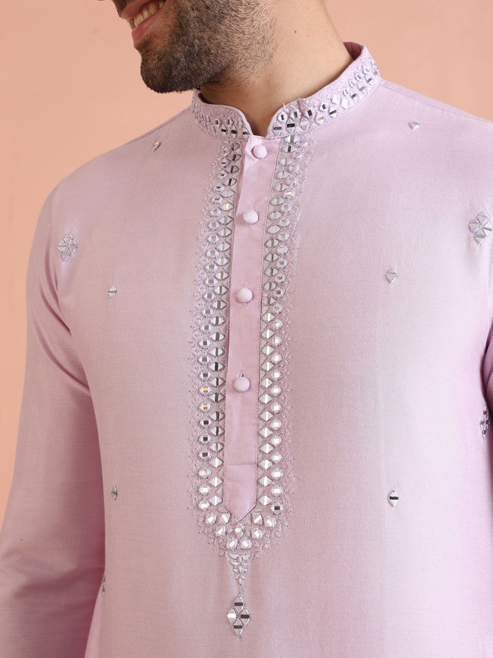 Light Pink  Cotton Blend Embroidered Kurta with Intricate Neckline | SHOBITAM