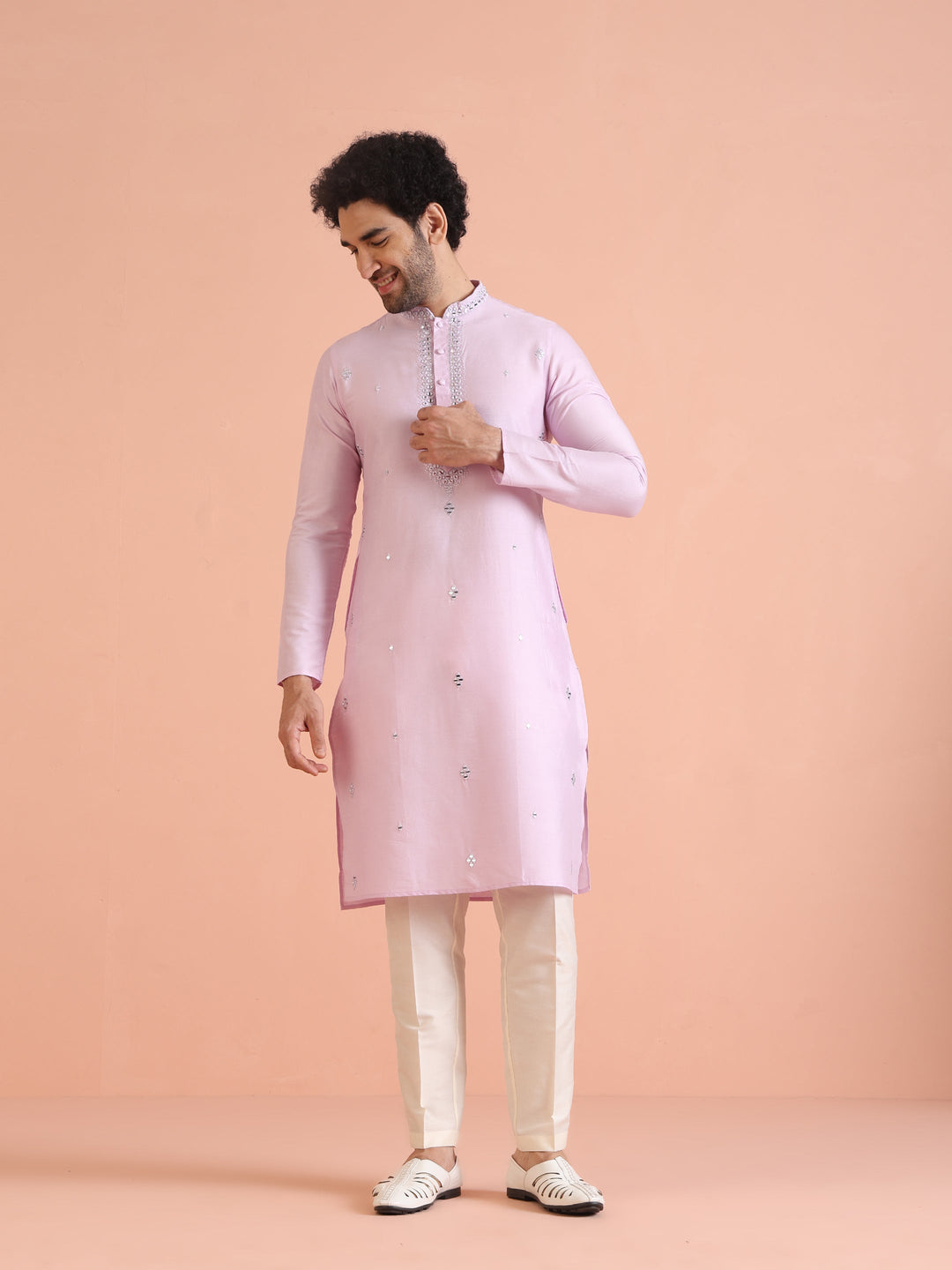 Light Pink  Cotton Blend Embroidered Kurta with Intricate Neckline | SHOBITAM