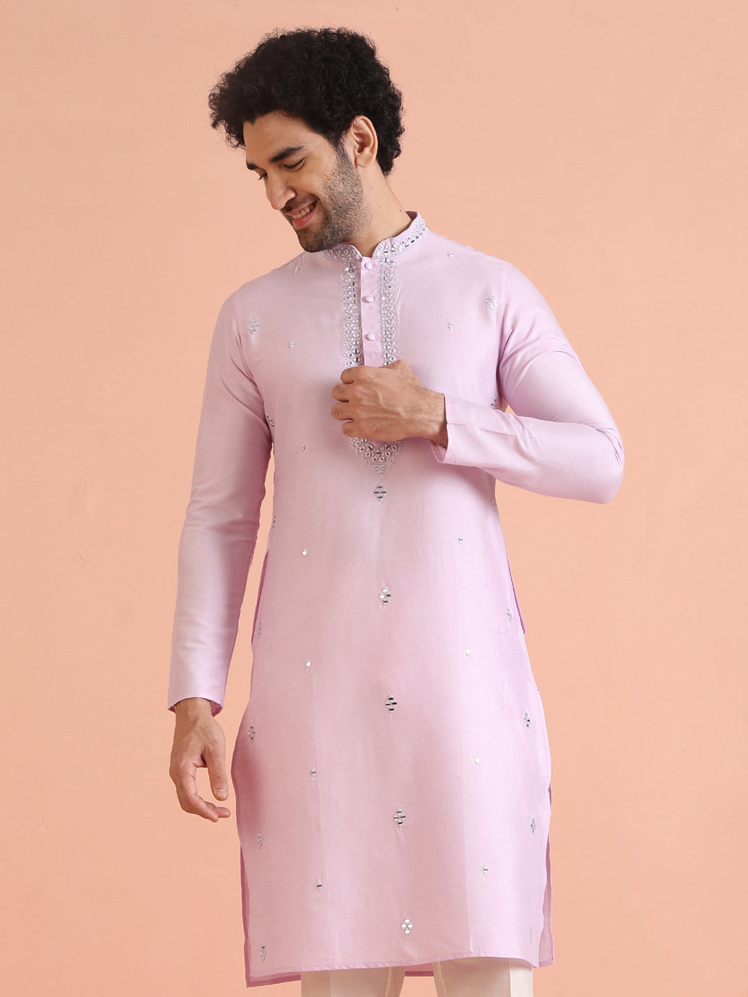 Light Pink  Cotton Blend Embroidered Kurta with Intricate Neckline | SHOBITAM