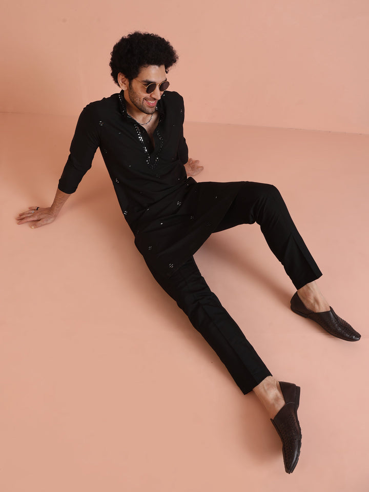 Black Cotton Silk Mirror Work Kurta | SHOBITAM