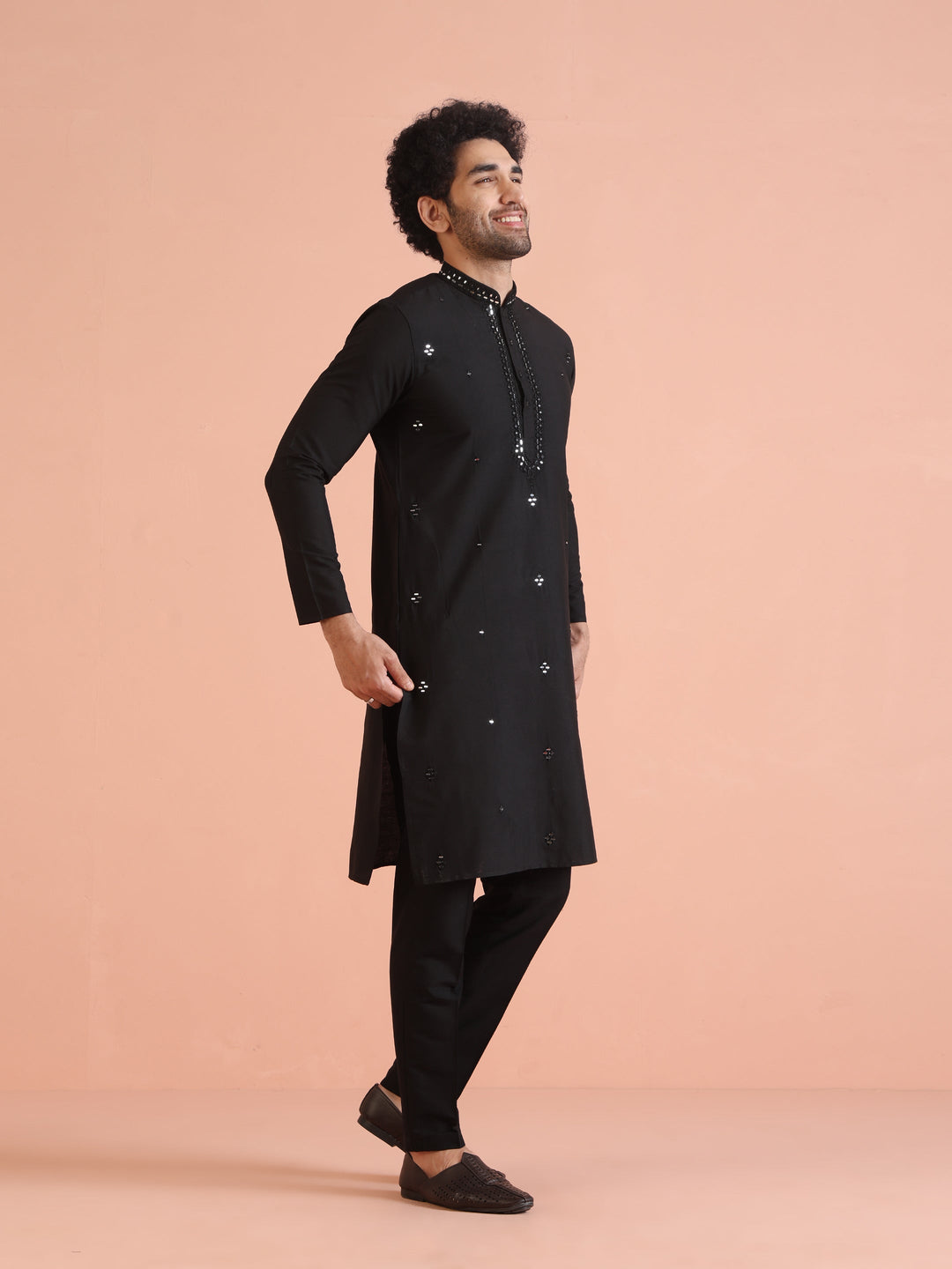 Black Cotton Silk Mirror Work Kurta | SHOBITAM