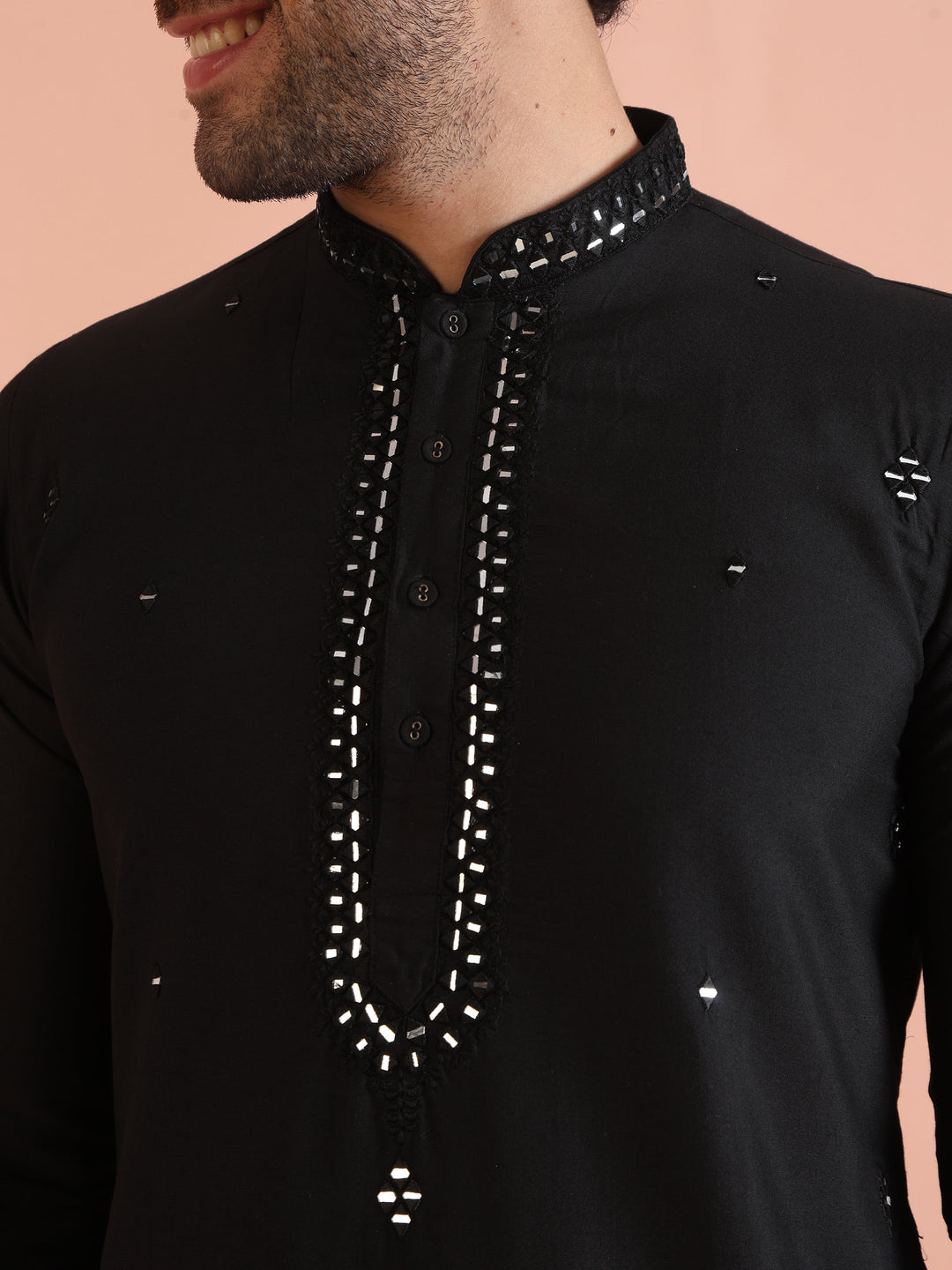 Black Cotton Silk Mirror Work Kurta | SHOBITAM