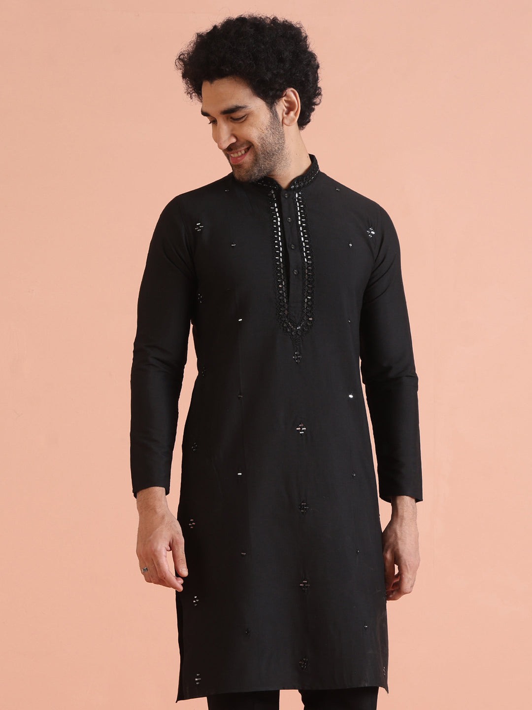 Black Cotton Silk Mirror Work Kurta | SHOBITAM