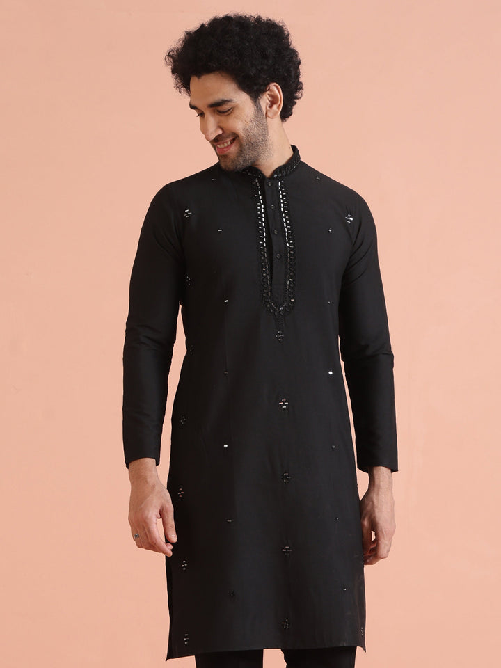Black Cotton Silk Mirror Work Kurta | SHOBITAM