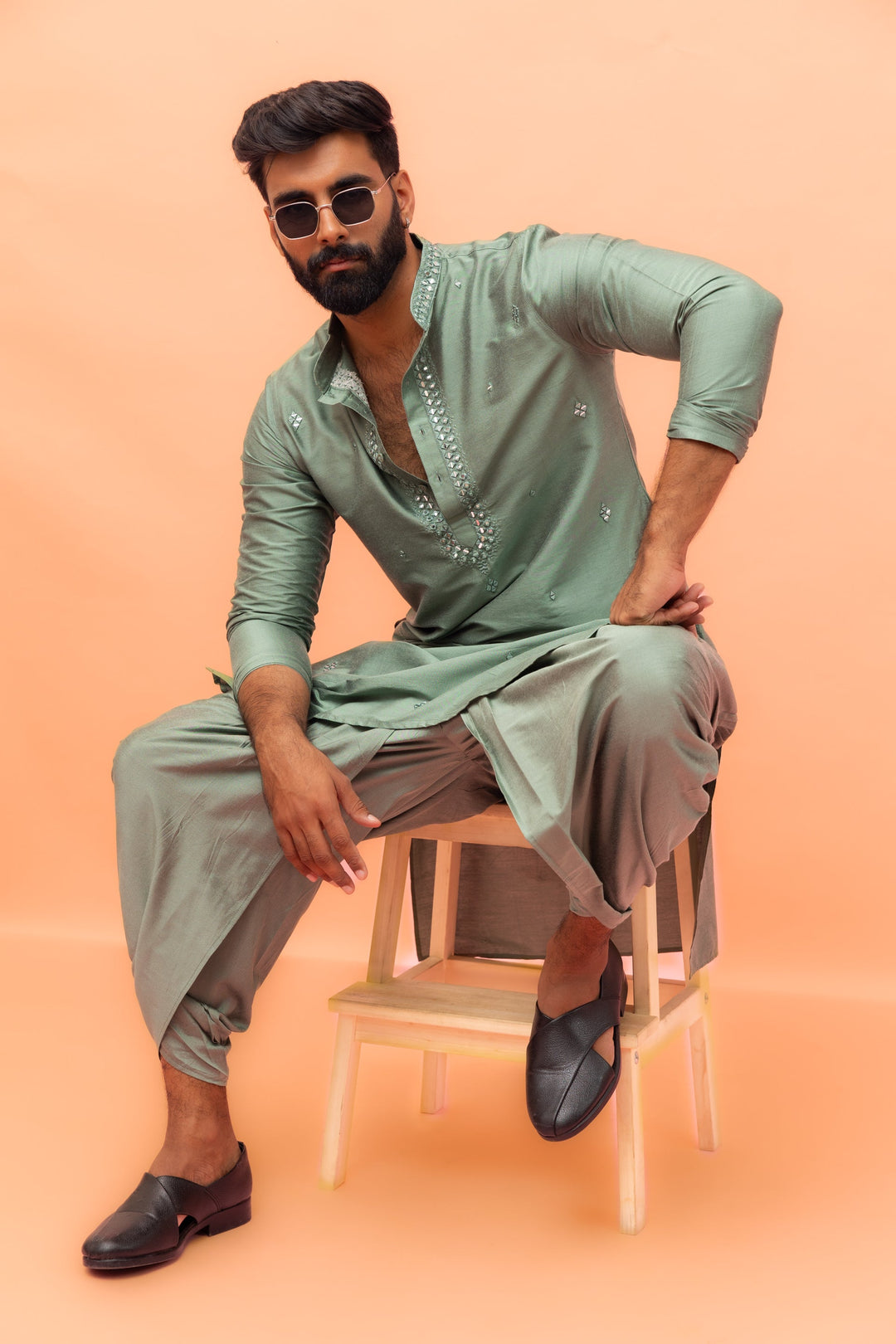 Green  Cotton Blend Mirror Work Long Kurta | SHOBITAM