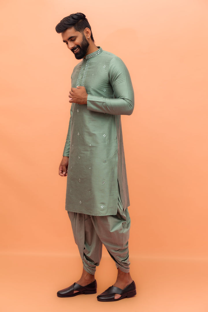 Green  Cotton Blend Mirror Work Long Kurta | SHOBITAM