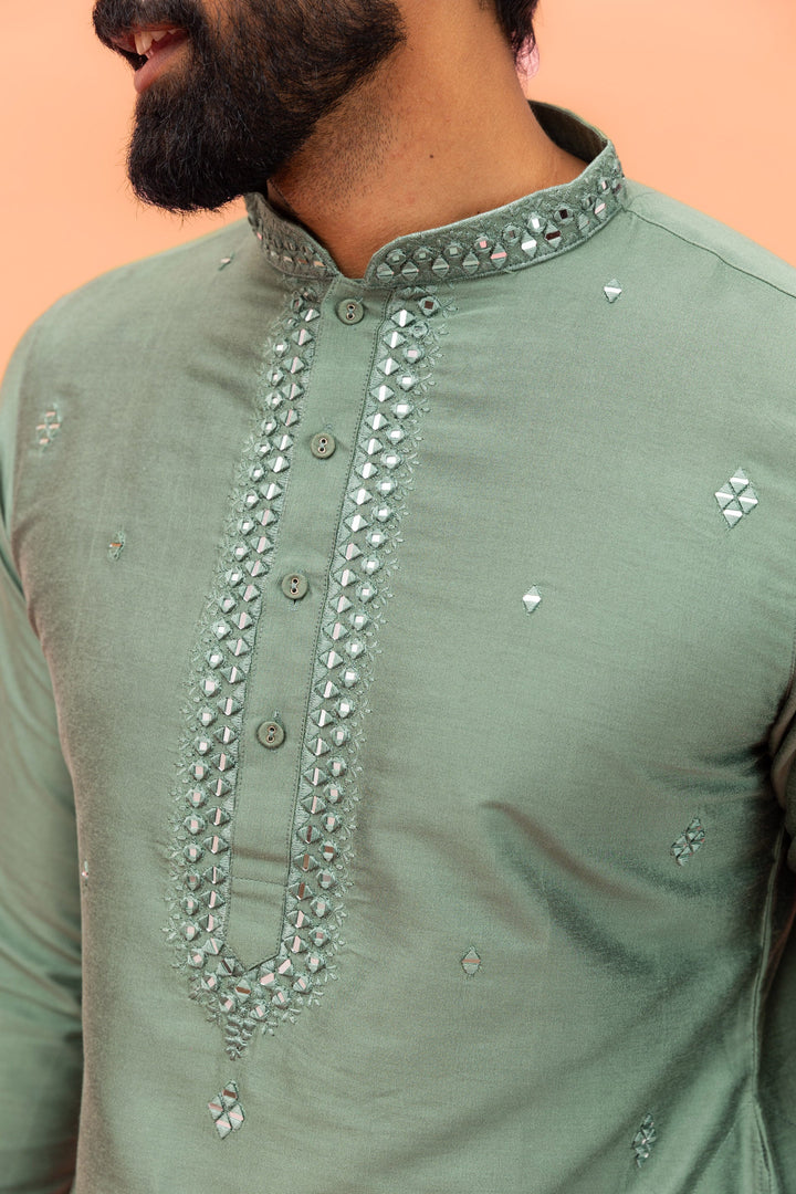 Green  Cotton Blend Mirror Work Long Kurta | SHOBITAM