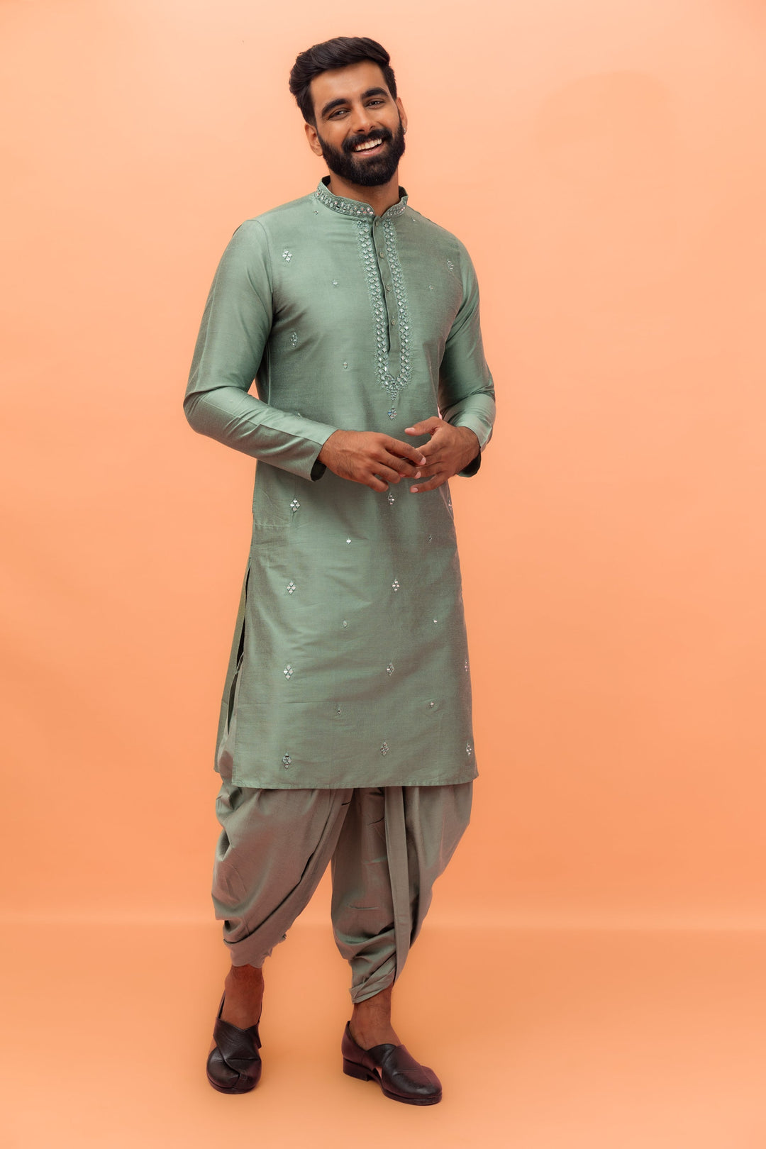 Green  Cotton Blend Mirror Work Long Kurta | SHOBITAM