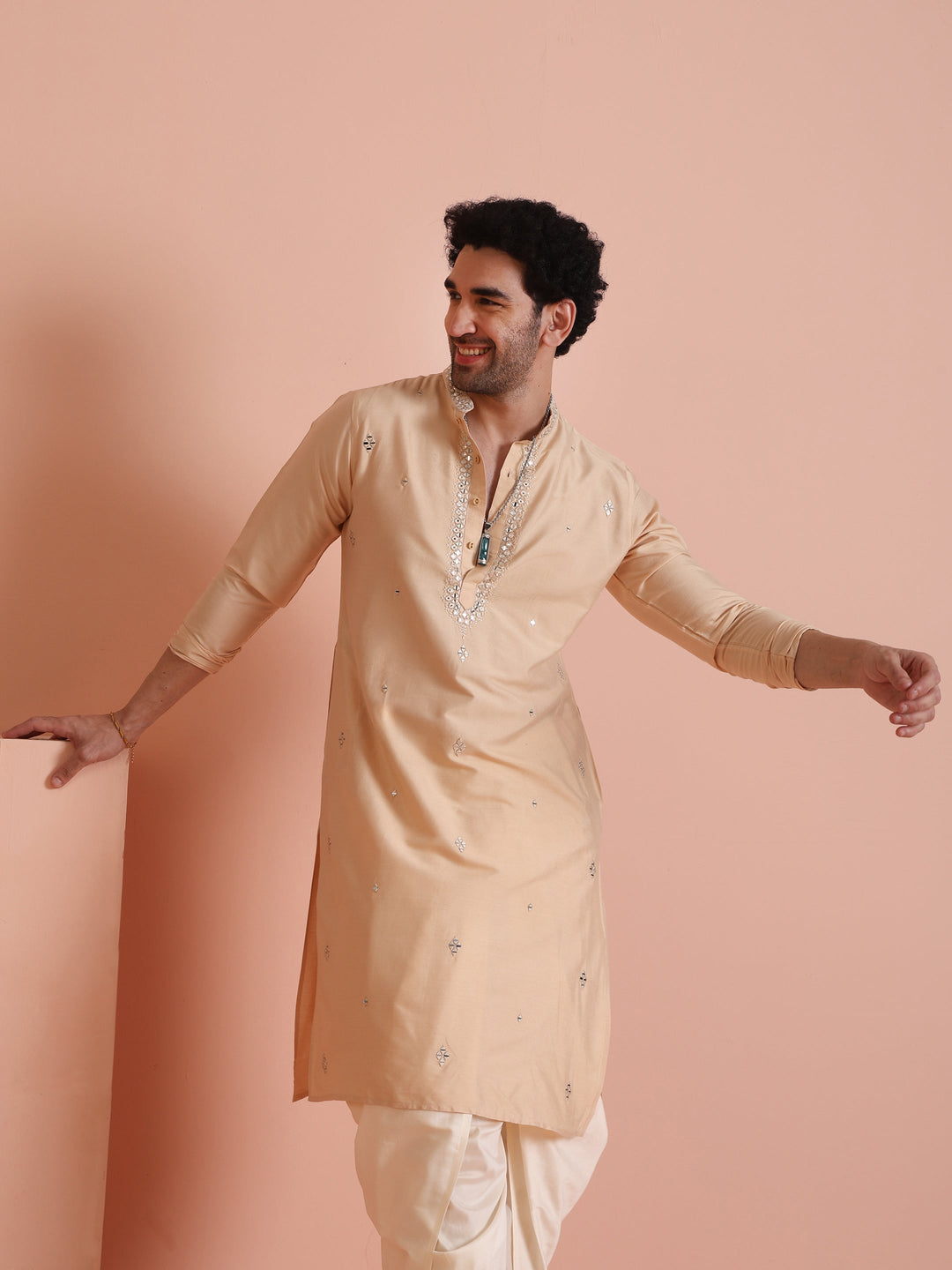 Beige Silk Blend Mirror Work Long Kurta | SHOBITAM