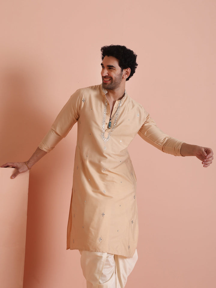 Beige Silk Blend Mirror Work Long Kurta | SHOBITAM