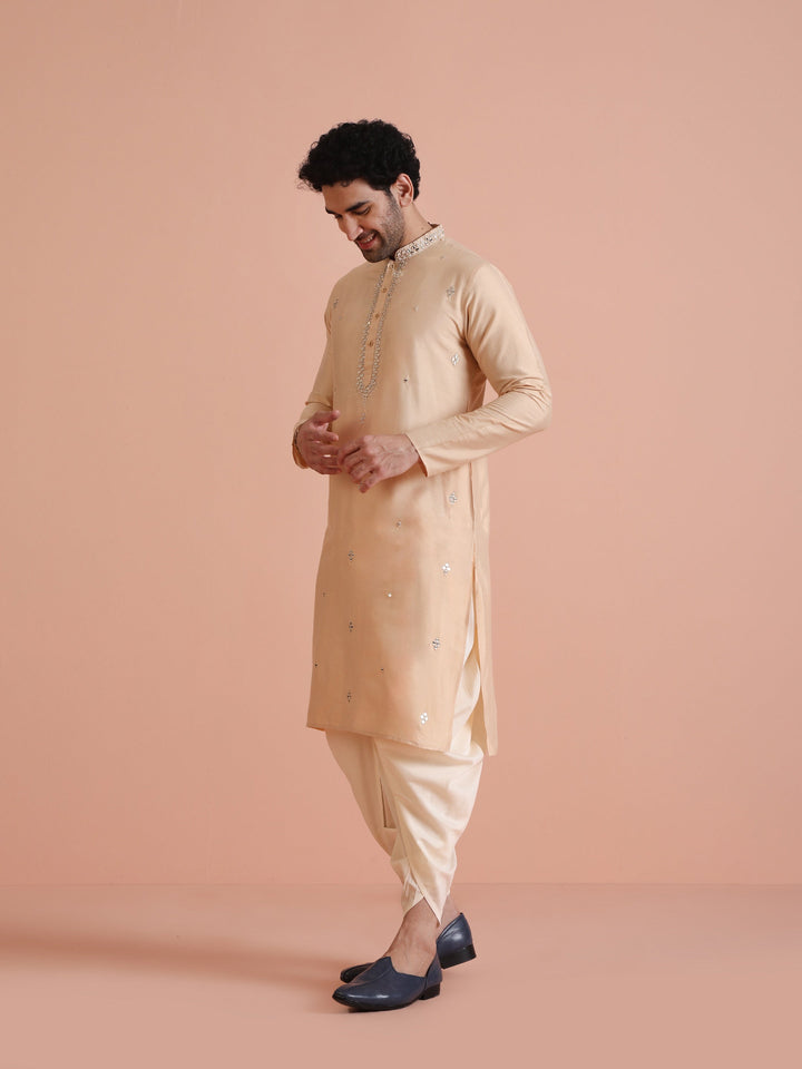 Beige Silk Blend Mirror Work Long Kurta | SHOBITAM