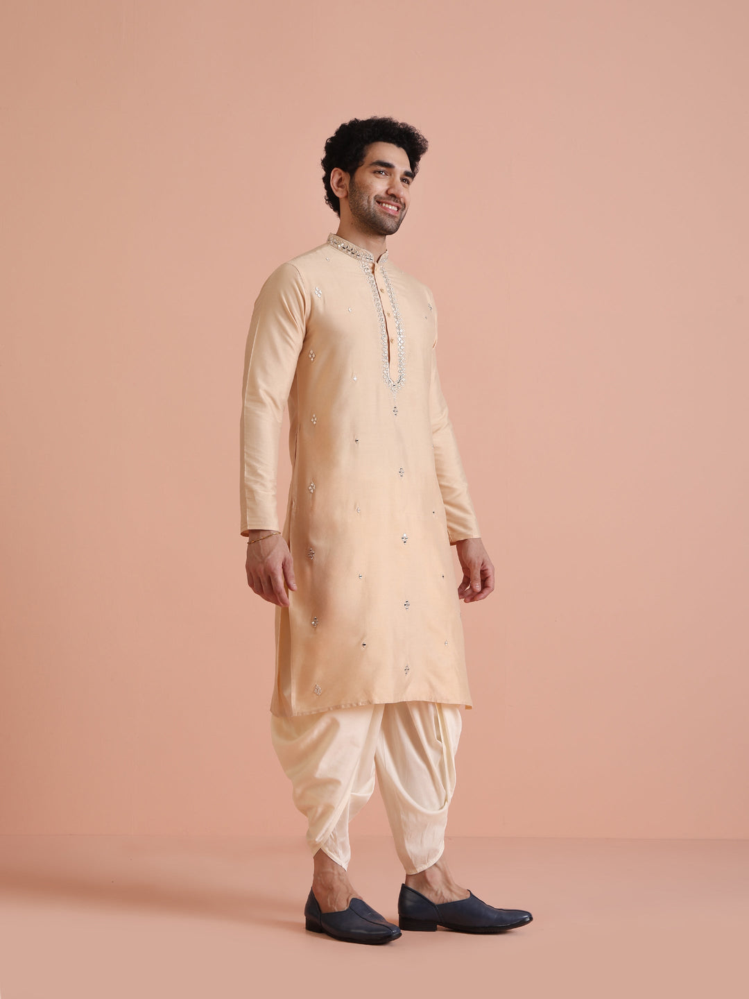 Beige Silk Blend Mirror Work Long Kurta | SHOBITAM
